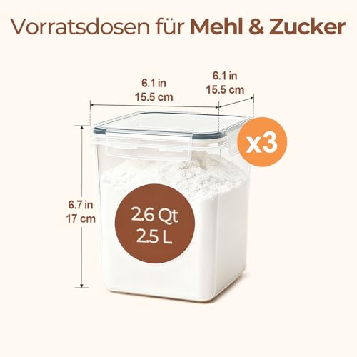 ComSaf Mehl Aufbewahrung 2.5L 3Pcs, Vorratsdosen mit Deckel luftdicht, Vorratsbehälter, luftdichte Aufbewahrungsbox, Aufbewahrungsdosen Küche, Lebensmittelaufbewahrung für Mehl, Reis, Müsl, Mandelmehl 2