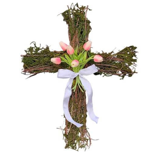 Cross Wreath 16 Cross Sign with Artificial Sign Door Hanger Easter Wreaths for Front Door Spring Decorations for Wall
