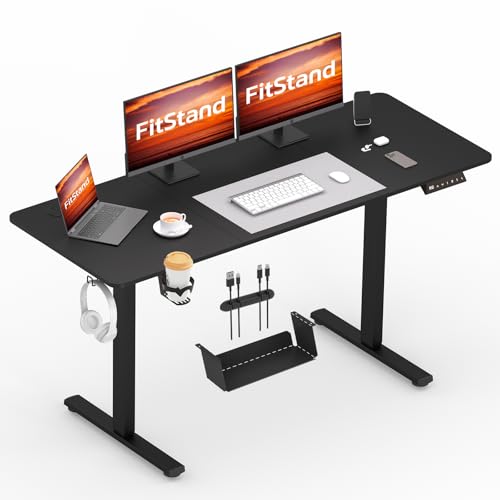 FitStand FQ1 140x60cm höhenverstellbarer Schreibtisch Electric Lift Desk mit Tischplatte, Stehpult, Lift Computertisch mit Haken, Kindersicherung, Memory-Funktion für Büro und Zuhause-Schwarz