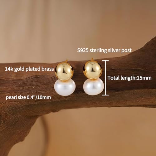 Fiusem Pearl Earrings for Women 14K Gold Plated, 925 Sterling Silver Post Hypoallergenic Big Pearl Stud Ear Jacket Wedding Earring Jewelry2