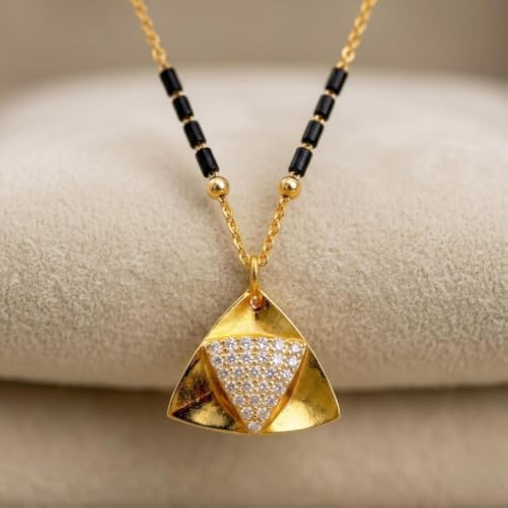 Gold Plated Mangalsutra Necklace with Black Beads & Double Round Diamond Pendant