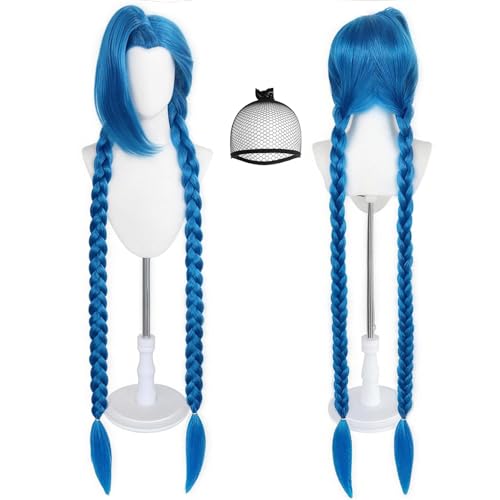 BESTBEL+Hair Cap 45Inches/ 115cm Blue Braided Wig with Bangs for Women Long Blue Wig for Women Blue Anime Synthetic Wigs for Halloween Cosplay Womens Cosplay Outfit for Costume Party