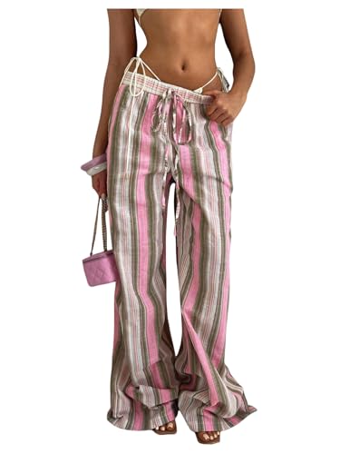 Floerns Women's Striped Print Wide Leg Pants Tie Front High Waisted Palazzo Beach Pants