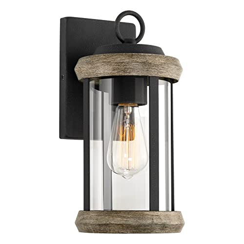 Kira Home Dorsey 12" 1-Light Rustic Traditional Indoor Outdoor Weather Resistant Wall Sconce + Cylinder Glass Shade, Weathered Oak Wood Style + Textured Black Finish #TOP28