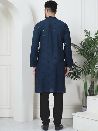 Image of SOJANYA (Since 1958 Men's Cotton Silk Sequinned Neck Embroidered Kurta with Black Pyjama