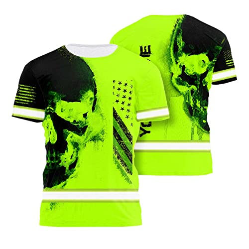 Matedecor High Visibility Shirt for Men Reflective Safety Shirts Black Skull USA Flag Custom Name for Workwear Runners, Walkers, Patriotic