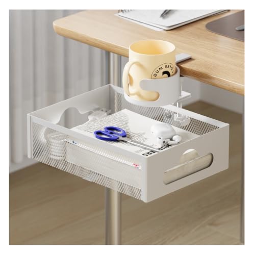 ELECTRO-WEIDEWORLD テーブル下収納ラック 360度回転式 ドリンクホルダー 穴あけ不要 クランプ式 デスク下引き出し 後付け引き出し 机下収納 小物整理 ケーブルトレー 取り付け簡単 天板0.5〜5cm設置可能 スペース節約 多機能 (ホワイト)