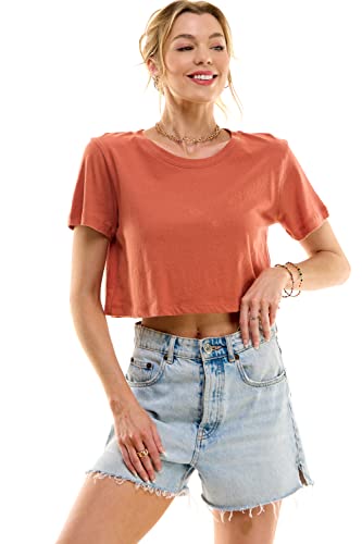 Women's Boxy Crop Top Round Neck Short Sleeve Casual 100% Cotton Cropped Tee T-Shirt, Rust, Small #TOP1