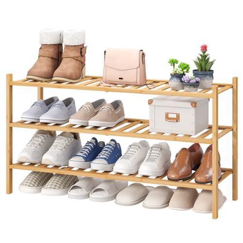 viewcare 3-Tier Long Shoe Rack, Bamboo Wood Shoe Rack for Closet, Entryway & Hallway, Stackable | Beautiful | Functional | Sturdy