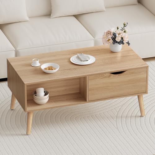 ALFORDSON Modern Rectangle Coffee Table with 2 Drawers＆Open Shelves, 4 Wooden Legs, Minimalist End Side Table Tea Table, Spacious Tabletop, Living Room Office Center Table,95x 50x 45.5cm, Wood