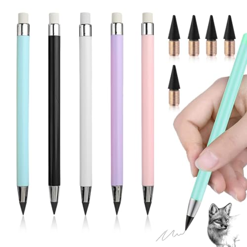 WHYCNJL 5 Piezas Lápiz Infinito de Escritura sin Fin, Portátil con 5 Puntas de Repuesto, Material Colástico para Niños Adultos Oficina en Casa