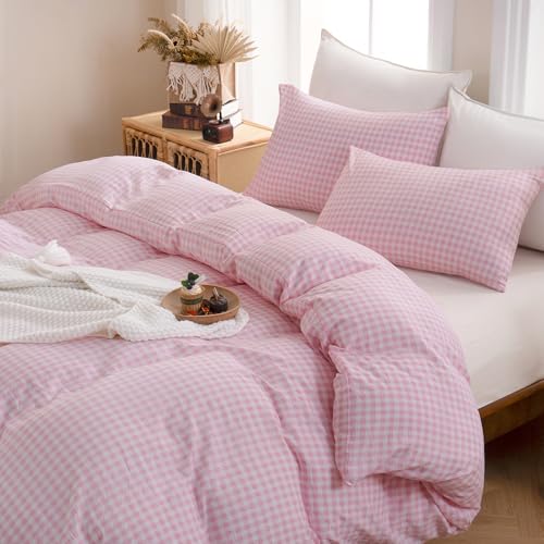 YHJWW Pink Gingham Duvet Cover Bedding Set Prewashed Extra Soft, Full