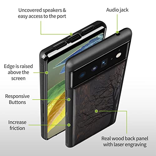Carveit Wood Case For Pixel 6 Case 2021 [Hard Real Wood & Soft Tpu] Shockproof Hybrid Protective Cover Unique & Classy Wooden Case Compatible With Google Pixel 6 Case (Eternal Tree Carving-Blackwood) #TOP2