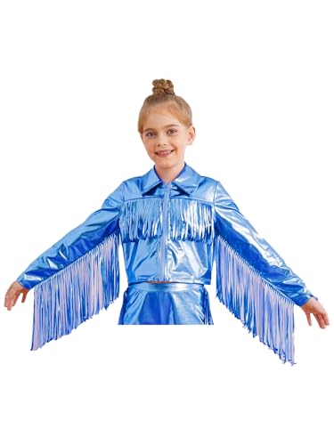 TiaoBug Kids Girls Sequin Tassel Long Sleeve Bomber Jacket Hip Hop Jazz Dance Coat Performance Party Club Outerwear
