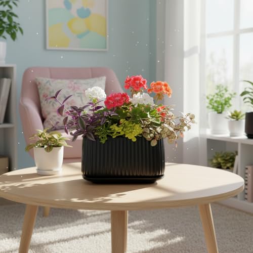 Image of Xtore Sculpted Ribbed Oval Planter with Drain Tray for Indoor & Outdoor Decor | Modern Minimal Flower Pot (Black, 23.5 cm) (Planter only)