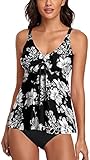 Omichic Tankini Bathing Suits for Women Two Piece Modest Blouson Tankini Top with Bikini Bottom