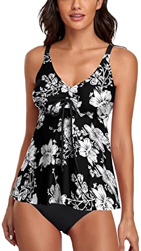 Omichic Tankini Bathing Suits For Women Two Piece Modest Blouson Tankini Top With Bikini Bottom #TOP6