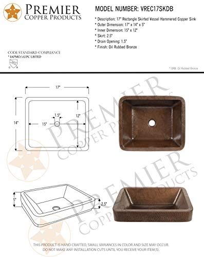 Premier Copper Products 17-Inch Rectangle Skirted Vessel Hammered Copper Sink #TOP7