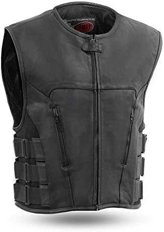 First Mfg Co - Commando - Men's Motorcycle Biker Riding Black Leather Vest - Extra Large - Adjustable Strap Armor Pockets Conceal Carry Pockets