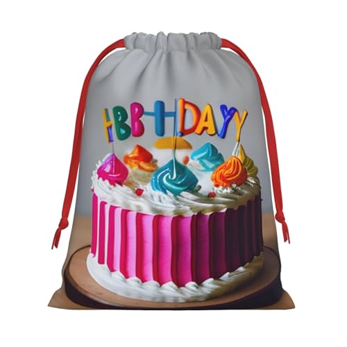 BBEXJIGY Bolsa de poliéster con diseño de tarta de cumpleaños con cordón para regalos de Navidad