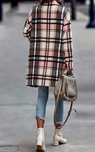 Cctoo Shacket Jacket Women Plaid Long Flannel Lapel Long Sleeve Button Down Shirt Jacket Coats With Pockets Pink Small #TOP3