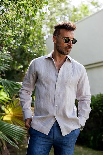 Mojito Men's 100% Linen Guayabera Chacabana Shirt Long Sleeve - Geometric Embroidery3