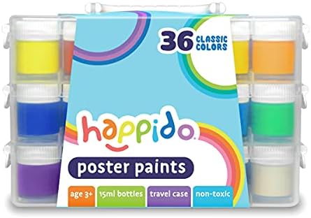 Happido Poster Paints, 36 Classic Colors - Non-Toxic Brightly Colored 15 ml Paint Bottles, Great for Craft Projects and Coloring, Comes with Carry and Storage Case, Art Supplies for Kids of All Ages