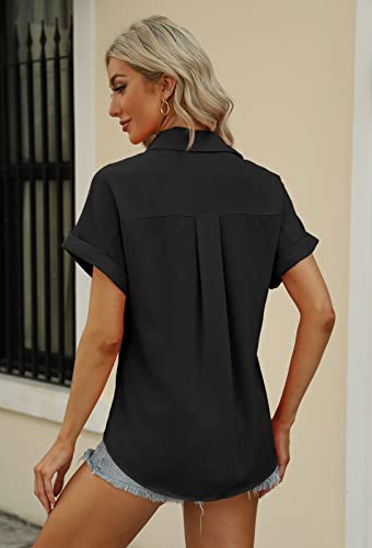 Beautife Womens Short Sleeve Shirts V Neck Collared Button Down Shirt Tops With Pockets Black #TOP3