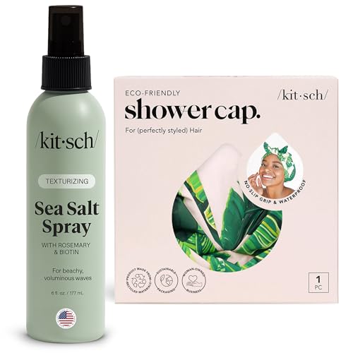 Kitsch Sea Salt Spray & Shower Cap in Palm Leaves - Texturizing Spray for Beach Waves & Waterproof, Quick-dry Hair Cap Set | Nourishing, Frizz Control, Volumizing Hair Care Bundle | Gifts For Women