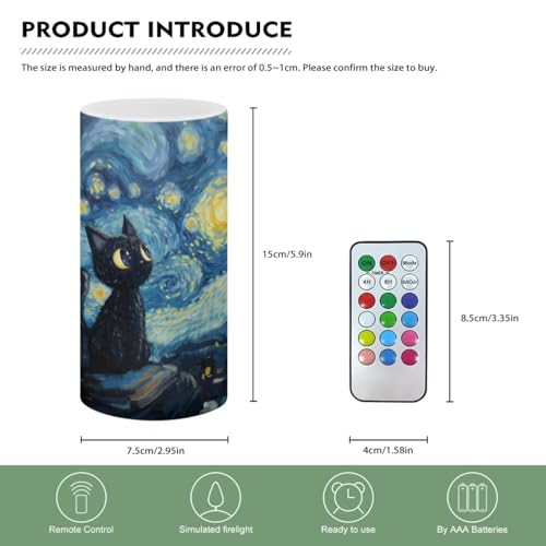 Image of Poceacles Black Cat Starry Night Flameless LED Candle Battery Powered Votive Lights Realistic Pillar Candle Decorative Tea Lights for Home Party Indoor Outdoor Decor