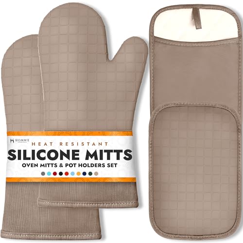 Image of HOMWE Silicone Oven Mitts and Pot Holders, 4-Piece Set, Heavy Duty Cooking Gloves, Kitchen Counter Safe Trivet Mats, Advanced Heat Resistance (Beige, Oven Mitt & Pot Holder)