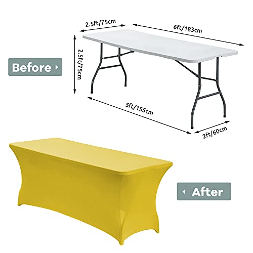 Image of CWK 6FT Waterproof Stretch Spandex Table Cover for Rectangular Tables - Elastic Fitted Tablecloth for Folding Tables,Wrinkle Resistant Table Cloth for Parties, Weddings, Banquets & Events (Yellow)