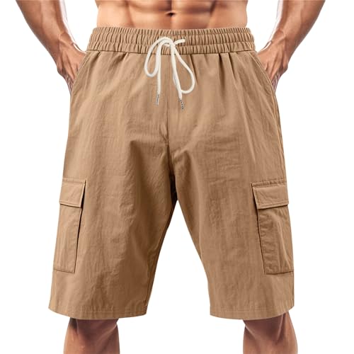 Image of Mens Linen Shorts Casual Drawstring Elastic Waist Cargo Vacation Lightweight Breathable Summer Beach Shorts for Men