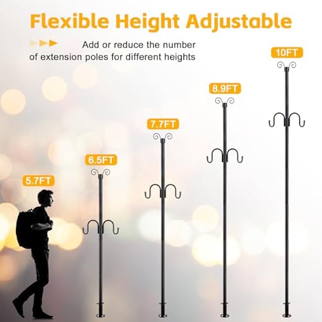 String Light Poles for Outside, 10FT Heavy Duty Outdoor String Light Pole Stand with Shepherd Hooks for Wood Deck Concrete Patio Garden Backyard Wedding Party Bird Feeder Lanterns Flower Basket 1PC