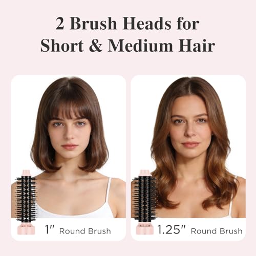 Image of Aima Beauty Blow Dryer Brush Set - 4-in-1 Round Brush Blow Dryer Adds Shine, Smooth, Curl & Volume for Short to Medium Hair, Interchangeable 1 inch & 1.25 inch Round Barrel, Ionic Frizz Control, Pink