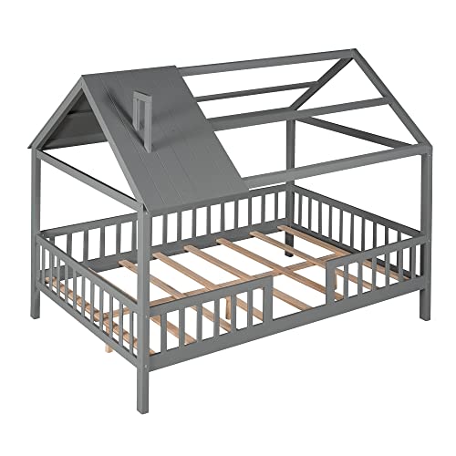 Twin Size House Bed, Wood Low Platform Bed with Fence, Montessori Bed with Roof, Playhouse Design Bed Frame with Solid Wood Slats Support for Child Teens Boys and Girls, No Box Spring Needed, Gray - Thumbnail 5