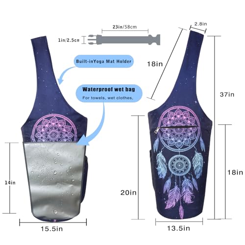 Yoga Mat Bag - Large Opening Long Tote Yoga Mat Carrier Holder Bag with Waterproof Wet Zipper Pocket and Drawstring Water Bottle Pocket - Yoga Bag Fit Most Size Mats - Dreamcatcher by BagYG - Image 3