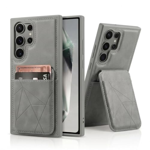Image of amazon basics Premium Vegan Leather Back Cover with Card Holder and Integrated Mobile Stand for Samsung Galaxy S24 Ultra 5G - Slim Shockproof Wallet Case with Geometric Stitching [Gray]