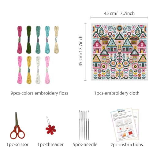 Image of FREEBLOSS 11CT Vector Cottage Stamped Cross Stitch Kits Complete Embroidery Kits with Instruction Cross Stitch Wall Hanging Kit for Needlepoint Adults Wall Art Decoration 18x18in /45x45cm