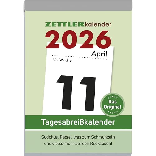 Zettler Tagesabreißkalender XXL 2026 – Abreißkalender 10 × 14 cm, 1 Tag pro Seite mit Sudoku, Rezepten, Rätseln & Tipps auf den Rückseiten, FSC-zertifiziert