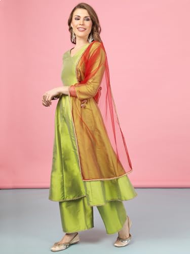 Image of A.T.U.N. (ALL THINGS UBER NICE) Cotton Women Anarkali Paneled Kurta With Palazzos & Dupatta