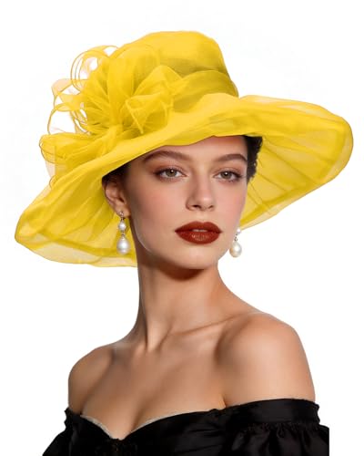 Womens Kentucky-Derby Hats 2026 Yellow Fascinator -Elegant Tea Party Wedding Church Adjustable Headwear with Removable Flower