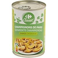 PRODUIT : Champignons de Paris émincés, prêts à l'emploi, en conserve de 230g net égoutté. COMPOSITION : Champignons de Paris préparés avec de l'eau, du sel et un acidifiant naturel. UTILISATION : Champignons prêts à servir, le jus peut être utilisé ...