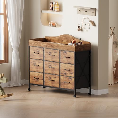 YeTom Baby Changing Table with 9 Fabric Boxes, Waterproof Diaper Changing Station & Pad, Mobile Nursery Diaper Changing Table, Baby Furniture, Rustic Brown