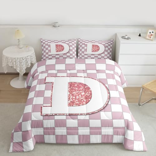 Image of Erosebridal Pink Initial D Kids Comforter Sets Kawaii Plaid Checkered King Bedding Set for Girls Teen Women Cute Personalized Monogram Comforter Set,Fashion Grids Gingham Quilt Duvet 3 Pcs