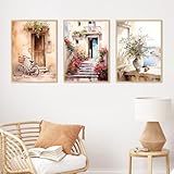 Tiuqffren 3er Poster Set, Frühling Wandbilder Wohnzimmer, Vintage Mediterrane Landschaft Kunstdruck Leinwandbild Bilder für Schlafzimmer, Ohne Rahmen (50x70cm)