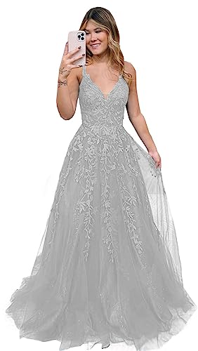 Robe de soirée longue en tulle argenté haut de gamme et col en V
