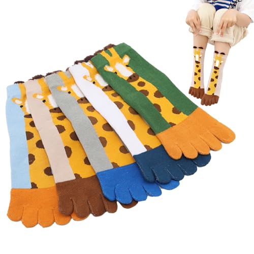 5 Pairs Kids Five Toe Socks, Soft Breathable Giraffe Pattern Cotton Toe-Separated Socks for 3-12 Years