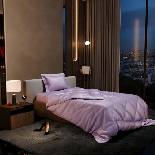 Image of Stoa Paris Satin Comforter Set Single Bed with Satin Bedsheet & Pillow Covers, 300TC Complete Bedding Set, Ideal Gifts for Women, Couples, Bedroom Home Furnishing, Date Night - Lilac Affair