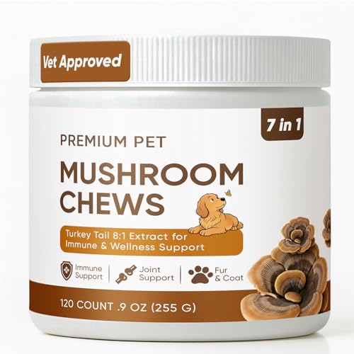 Turkey Tail Mushroom for Dogs - Mushroom Chews for Dog, Reishi, Lion’s Mane, Chaga, Turmeric - Lipoma Treatment for Dogs - Immunity, Gut, Skin, Joint Support - All Breeds & Sizes - 120 Chews